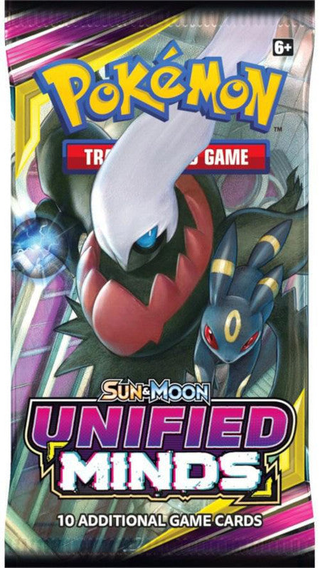 A Pokemon Sun and Moon Unified Minds booster pack featuring Darkrai and Umbreon artwork.