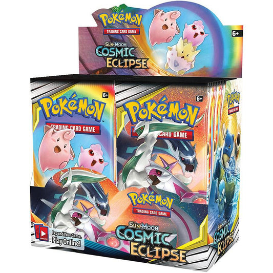A sealed Pokemon Cosmic Eclipse booster box featuring artwork of various Pokemon characters.