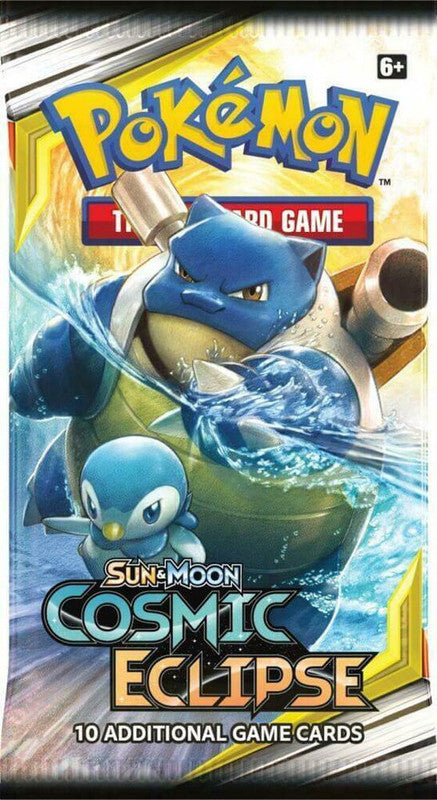 A Pokemon Cosmic Eclipse booster pack featuring Blastoise and Piplup artwork.