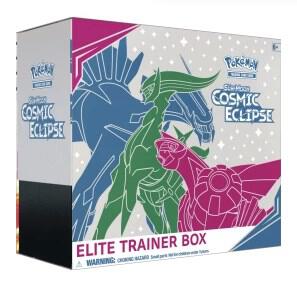 A Pokemon Cosmic Eclipse Elite Trainer Box featuring Arceus, Dialga, and Palkia on the packaging.