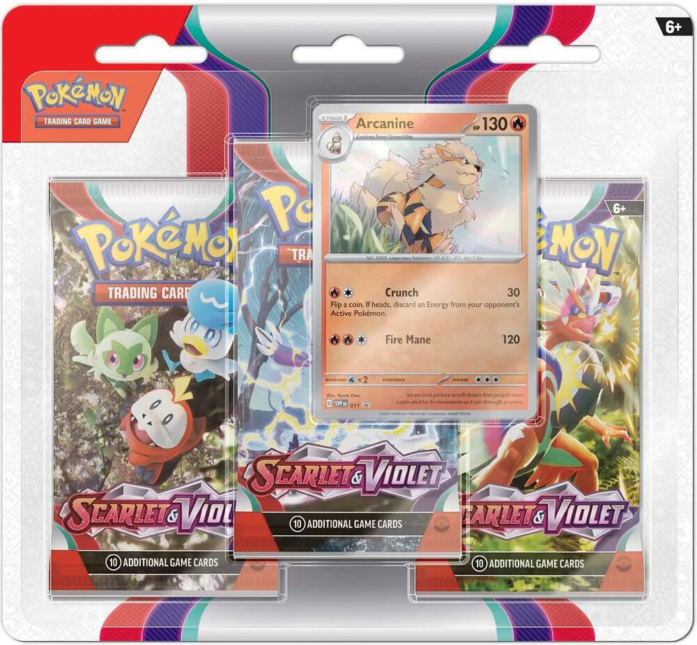 A Pokemon Scarlet and Violet three-pack blister featuring an Arcanine promo card.