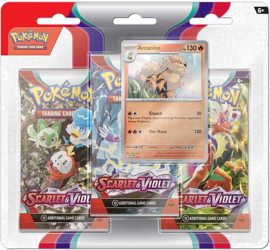 A Pokemon Scarlet and Violet three-pack blister featuring an Arcanine promo card.