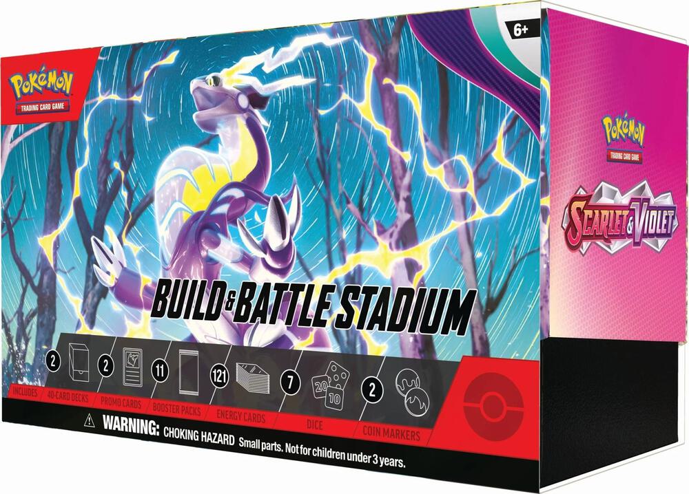 A Pokemon Scarlet and Violet Build and Battle Stadium box featuring Miraidon on the packaging.