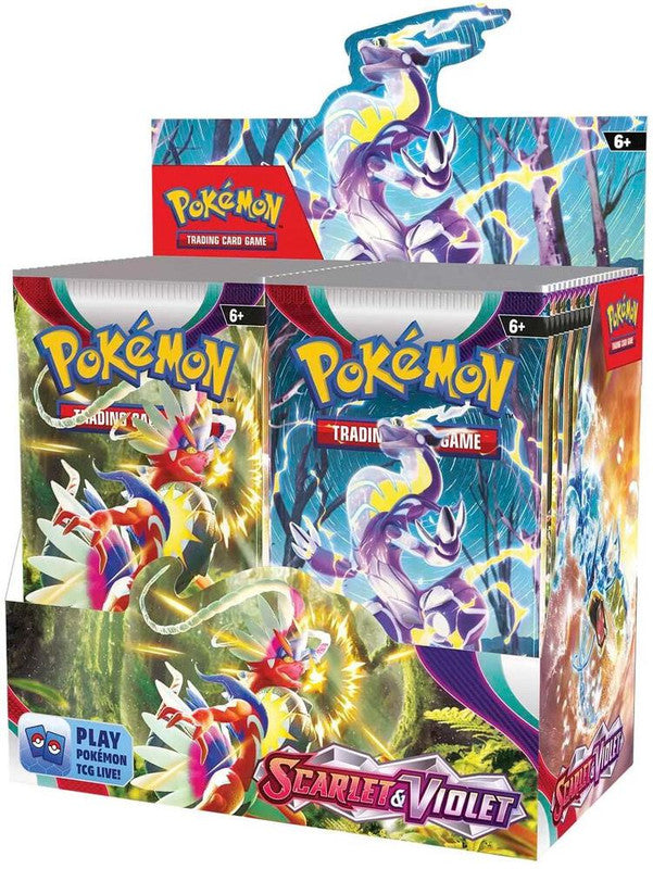 A sealed Pokemon Scarlet and Violet booster box featuring Koraidon and Miraidon artwork.
