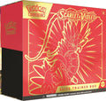 A red Pokemon Scarlet and Violet Elite Trainer Box featuring gold Koraidon artwork.