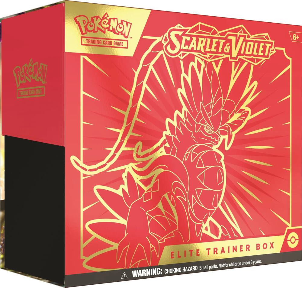 A red Pokemon Scarlet and Violet Elite Trainer Box featuring gold Koraidon artwork.