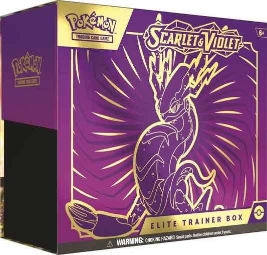 A purple Pokemon Scarlet and Violet Elite Trainer Box featuring Miraidon on the front.