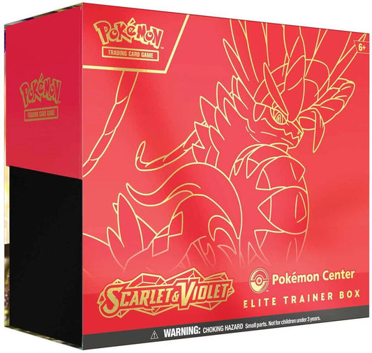 A red Pokemon Center Elite Trainer Box featuring gold Koraidon artwork from Scarlet and Violet.