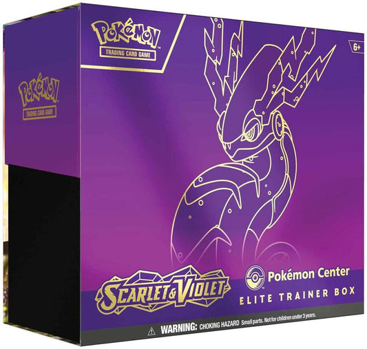 A purple Pokemon Center Elite Trainer Box featuring a gold outline of Miraidon.