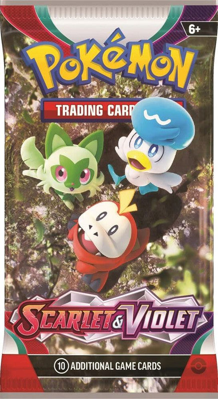 A Pokemon Scarlet and Violet booster pack featuring Sprigatito, Fuecoco, and Quaxly.