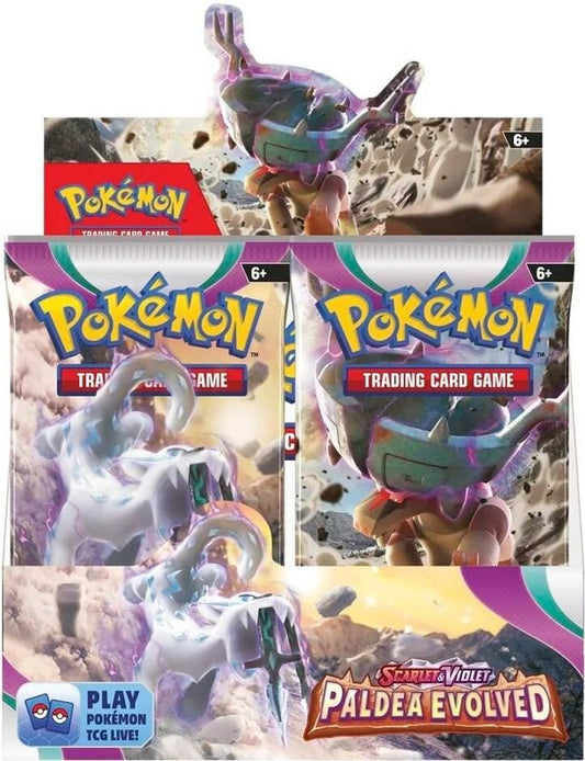 A Pokemon Paldea Evolved booster box featuring artwork of Chien-Pao and Ting-Lu.