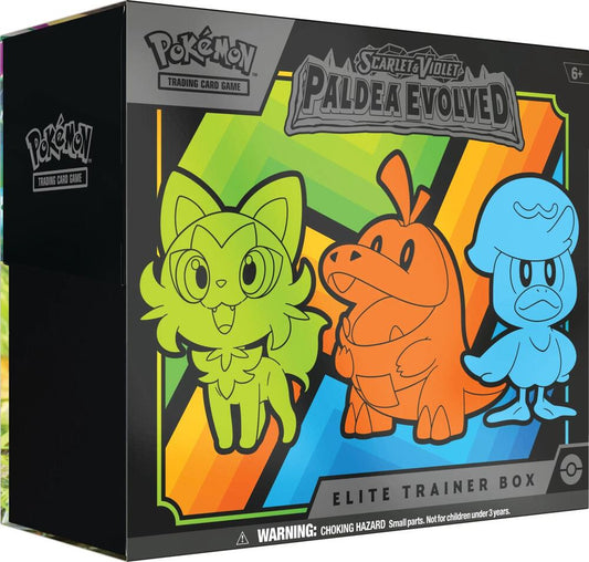 A Pokemon Paldea Evolved Elite Trainer Box featuring Sprigatito, Fuecoco, and Quaxly.