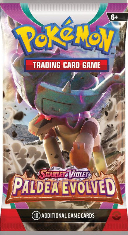 A Pokemon Paldea Evolved booster pack featuring Ting-Lu on the packaging.