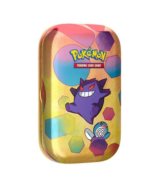 A yellow Pokemon 151 mini tin featuring Gengar and Poliwag artwork.