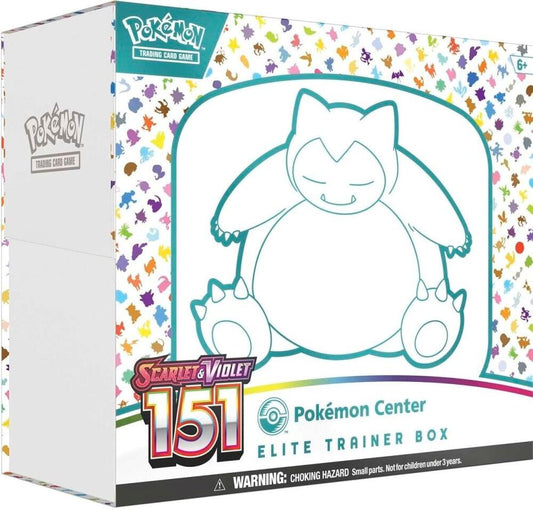A Pokemon Center Scarlet and Violet 151 Elite Trainer Box featuring a Snorlax illustration.