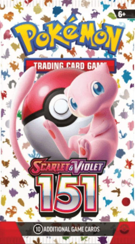 A Pokemon Scarlet and Violet 151 booster pack featuring Mew and a Poke Ball.