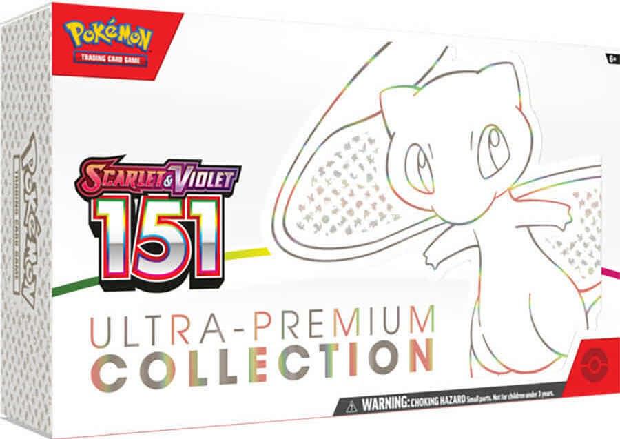 A white Pokemon Scarlet and Violet 151 Ultra Premium Collection box featuring an illustration of Mew.
