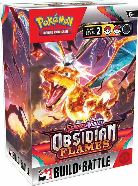 A Pokemon Obsidian Flames Build and Battle box featuring a crystalline Charizard illustration.