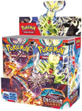A sealed Pokemon Obsidian Flames booster box featuring Charizard and Tyranitar artwork.