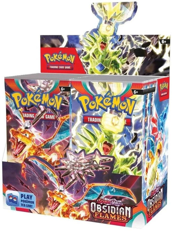 A sealed Pokemon Obsidian Flames booster box featuring Charizard and Tyranitar artwork.