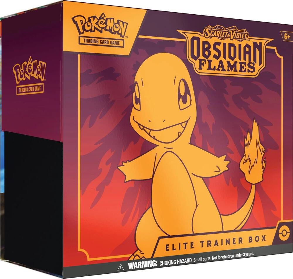 A Pokemon Obsidian Flames Elite Trainer Box featuring an illustration of Charmander.