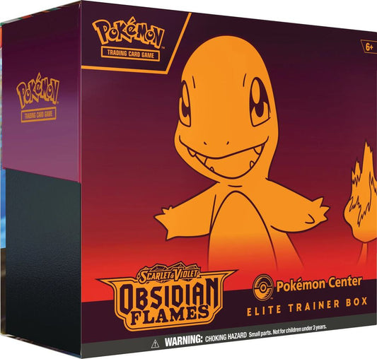 A Pokemon Center Elite Trainer Box for the Scarlet and Violet Obsidian Flames expansion.