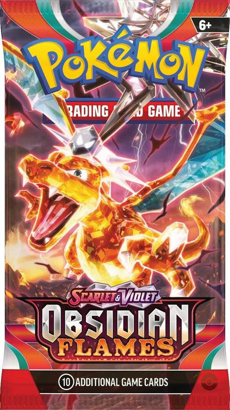 A Pokemon Obsidian Flames booster pack featuring a Tera Charizard illustration.