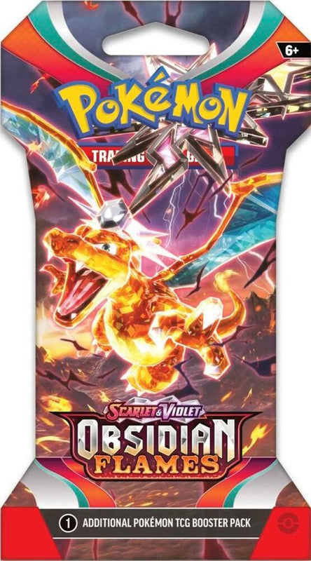 A Pokemon Obsidian Flames sleeved booster pack featuring a Tera Charizard illustration.