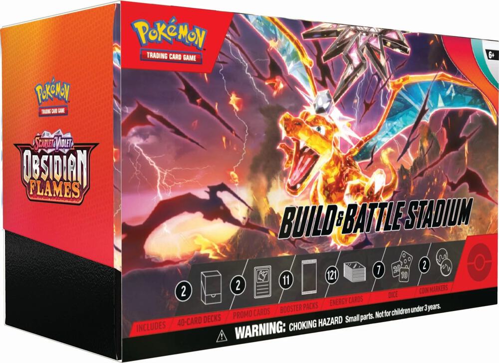 A Pokemon Obsidian Flames Build and Battle Stadium box featuring Charizard artwork.