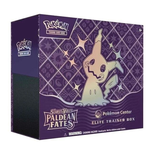A purple Pokemon Center Elite Trainer Box for the Paldean Fates set featuring Mimikyu.