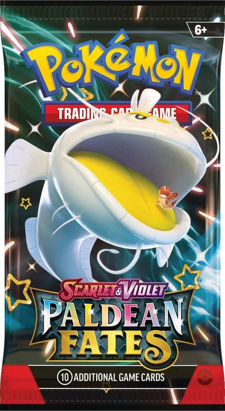 A Pokemon Paldean Fates booster pack featuring a large white Dondozo on the front.
