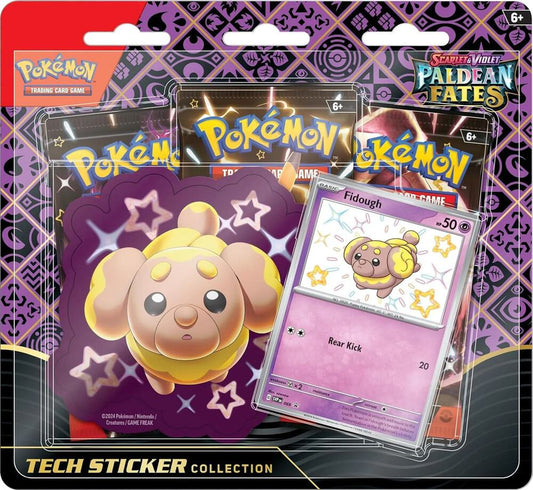 A Pokemon Paldean Fates tech sticker collection featuring a Fidough promo card and sticker.