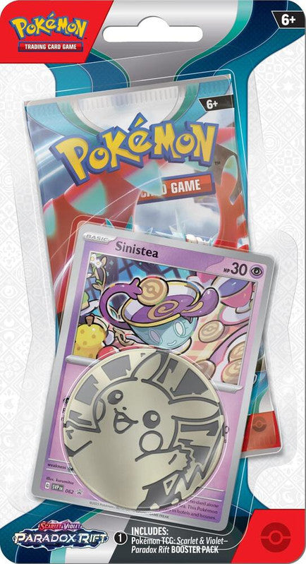 A Pokemon Paradox Rift blister pack featuring a Sinistea promo card and a Pikachu coin.