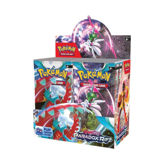 A sealed Pokemon Paradox Rift booster box featuring Iron Valiant and Roaring Moon artwork.