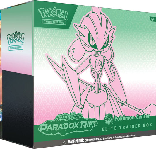 A Pokemon Center Elite Trainer Box for the Scarlet and Violet Paradox Rift set featuring Iron Valiant.