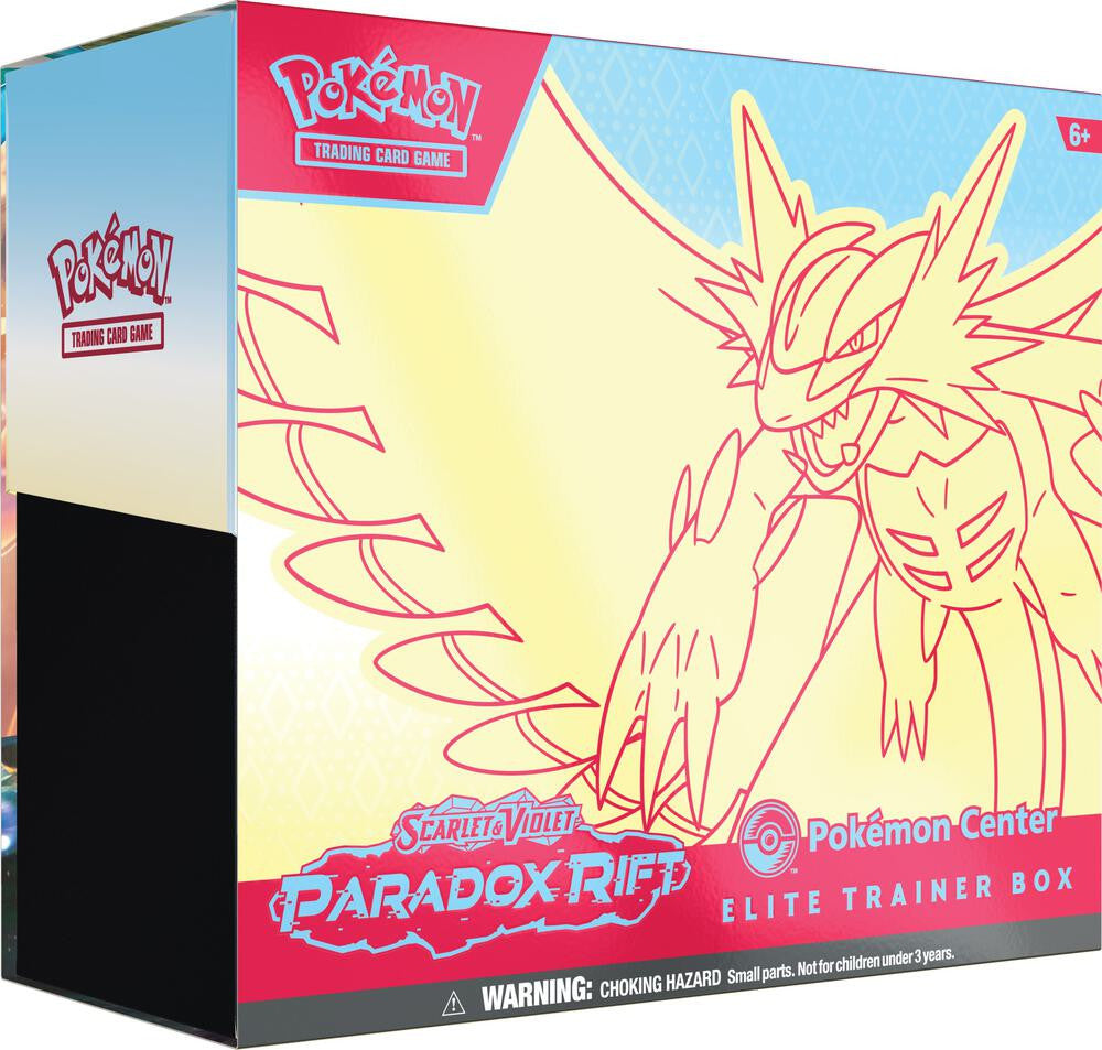 A Pokemon Center Elite Trainer Box for the Scarlet and Violet Paradox Rift set featuring Roaring Moon.