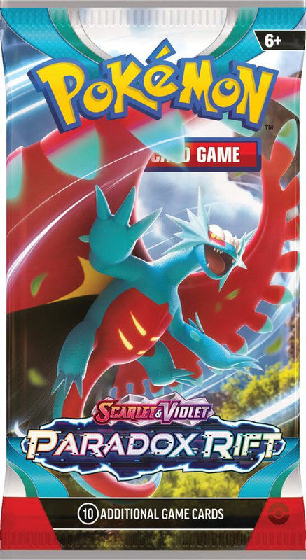 A Pokemon Paradox Rift booster pack featuring Roaring Moon on the front.