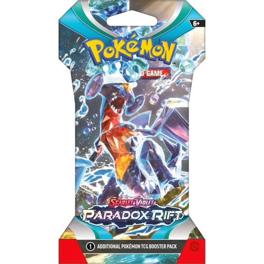 A Pokemon Paradox Rift sleeved booster pack featuring Garchomp on the packaging.