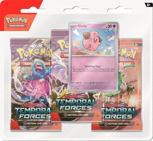A Pokemon Temporal Forces three-pack blister featuring a Cleffa promo card.