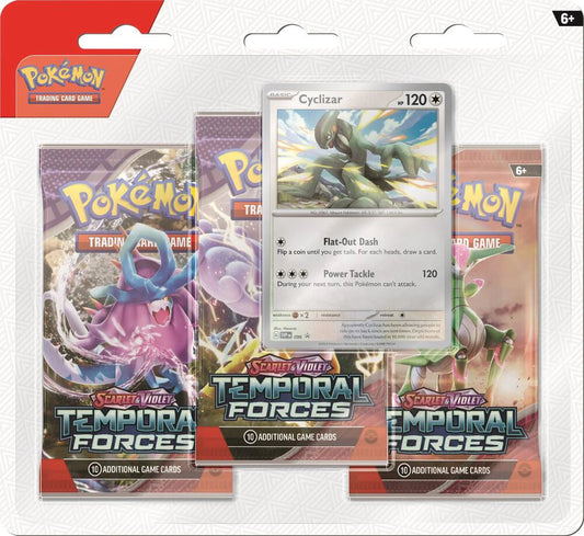 A Pokemon Temporal Forces three-pack blister featuring a Cyclizar promo card.