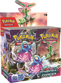 A factory-sealed Pokemon Temporal Forces booster box featuring Iron Leaves and Gouging Fire artwork.