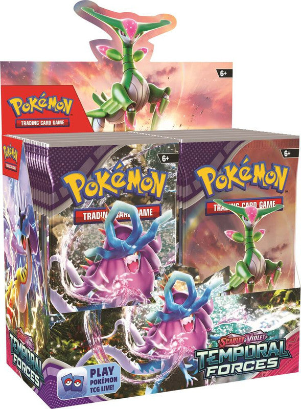 A factory-sealed Pokemon Temporal Forces booster box featuring Iron Leaves and Gouging Fire artwork.