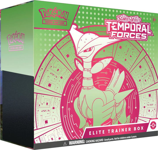 A Pokemon Temporal Forces Elite Trainer Box featuring Iron Leaves on the front packaging.