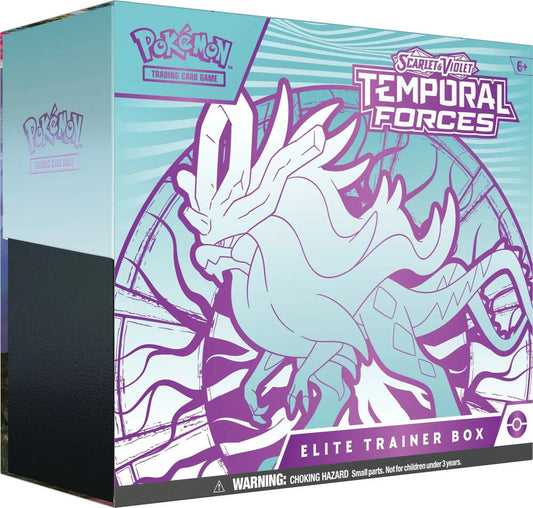 A Pokemon Temporal Forces Elite Trainer Box featuring Walking Wake on the packaging.