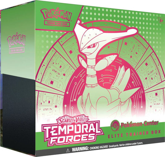 A Pokemon Temporal Forces Elite Trainer Box featuring Iron Leaves artwork on a green background.