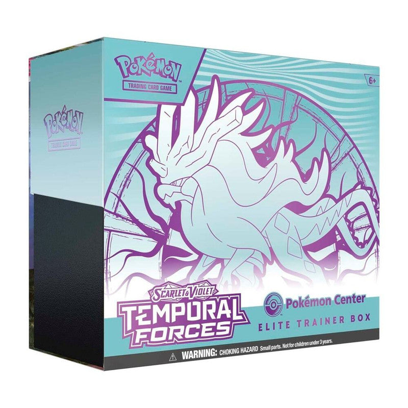 A Pokemon Temporal Forces Elite Trainer Box featuring Walking Wake on the packaging.