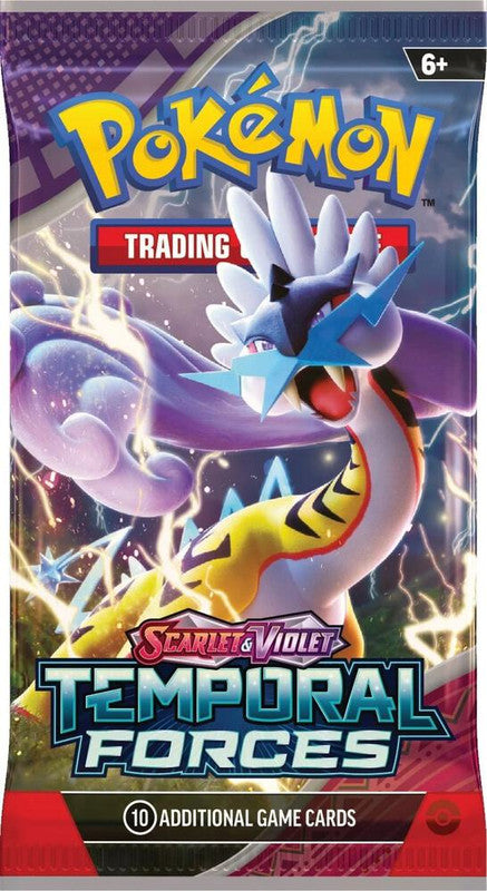 A Pokemon Temporal Forces booster pack featuring Raging Bolt on the packaging.