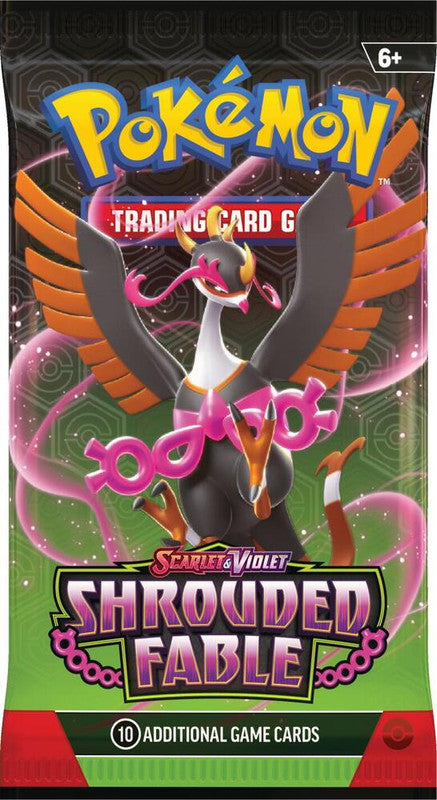 A Pokemon Shrouded Fable booster pack featuring Pecharunt on the packaging.