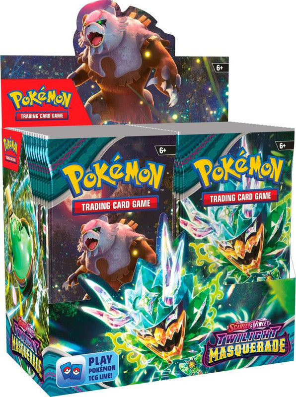 A Pokemon Twilight Masquerade booster box featuring Ogerpon artwork on the packaging.