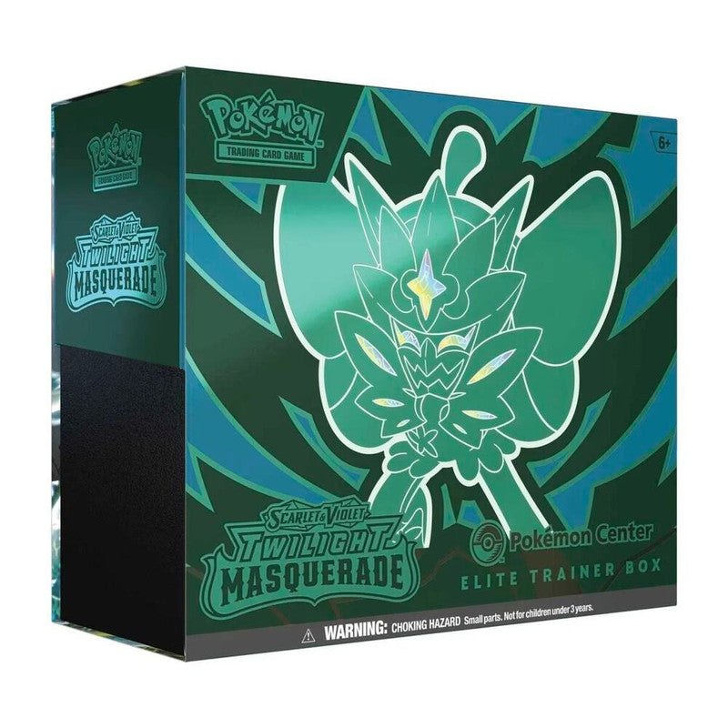 A green Pokemon Center Elite Trainer Box for the Twilight Masquerade expansion.